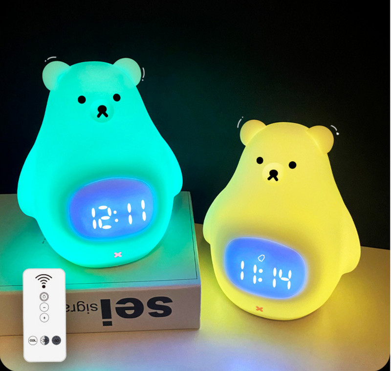 Bear Night Light, Cute Kids Alarm Clock, Dimmable Night Light - Seven Colors