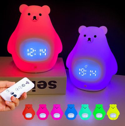 Bear Night Light, Cute Kids Alarm Clock, Dimmable Night Light - Seven Colors