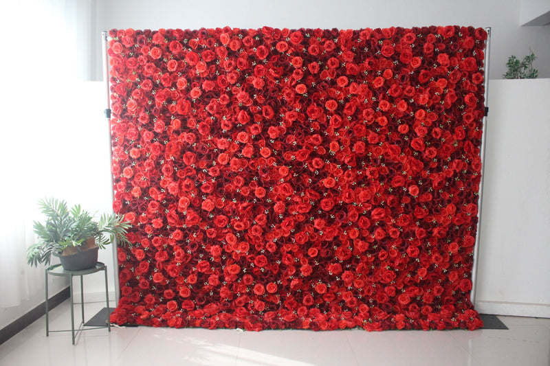 Deep red and red roses Cloth Roll Up Flower Wall Fabric Hanging Curtain Plant Wall Event Party Wedding Backdrop