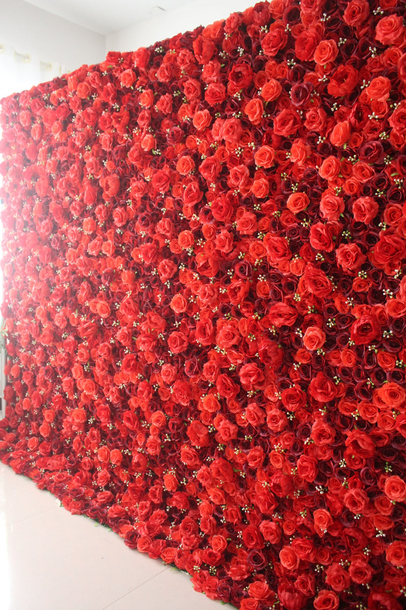 Deep red and red roses Cloth Roll Up Flower Wall Fabric Hanging Curtain Plant Wall Event Party Wedding Backdrop