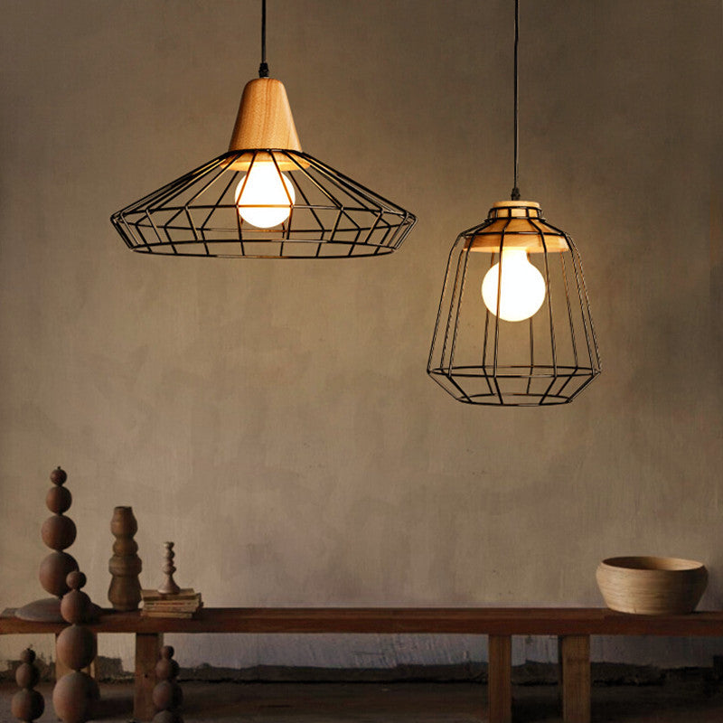 Iron Cage Chandelier, Wooden Hanging Light for Dining Room