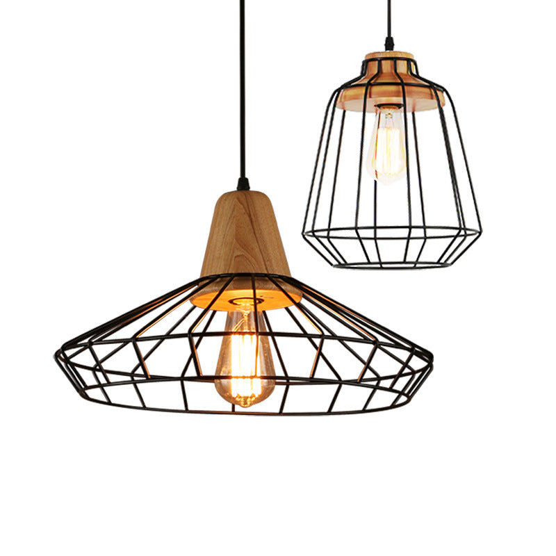 Iron Cage Chandelier, Wooden Hanging Light for Dining Room