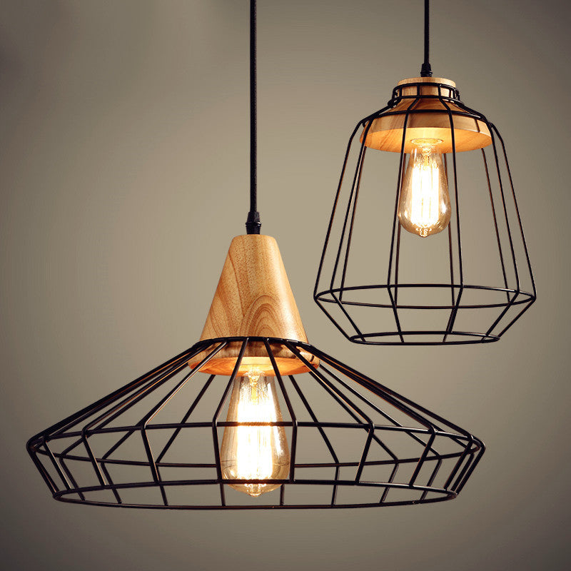 Iron Cage Chandelier, Wooden Hanging Light for Dining Room