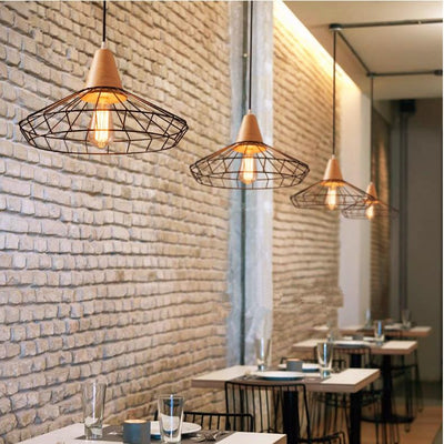 Iron Cage Chandelier, Wooden Hanging Light for Dining Room