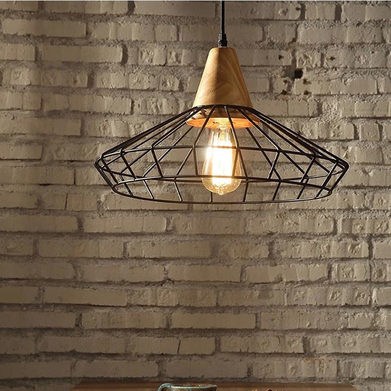 Iron Cage Chandelier, Wooden Hanging Light for Dining Room