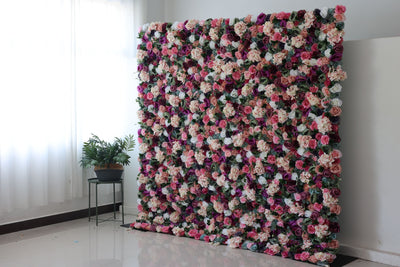 Mixed color roses and pink hydrangeas and green leaves Cloth Roll Up Flower Wall Fabric Hanging Curtain Plant Wall Event Party Wedding Backdrop