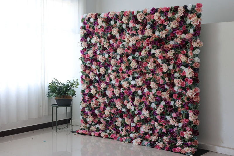Mixed color roses and pink hydrangeas and green leaves Cloth Roll Up Flower Wall Fabric Hanging Curtain Plant Wall Event Party Wedding Backdrop