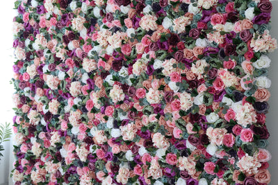 Mixed color roses and pink hydrangeas and green leaves Cloth Roll Up Flower Wall Fabric Hanging Curtain Plant Wall Event Party Wedding Backdrop