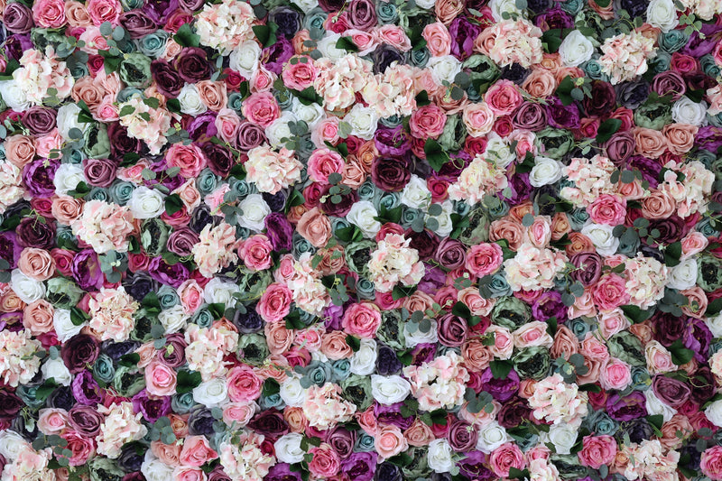 Mixed color roses and pink hydrangeas and green leaves Cloth Roll Up Flower Wall Fabric Hanging Curtain Plant Wall Event Party Wedding Backdrop