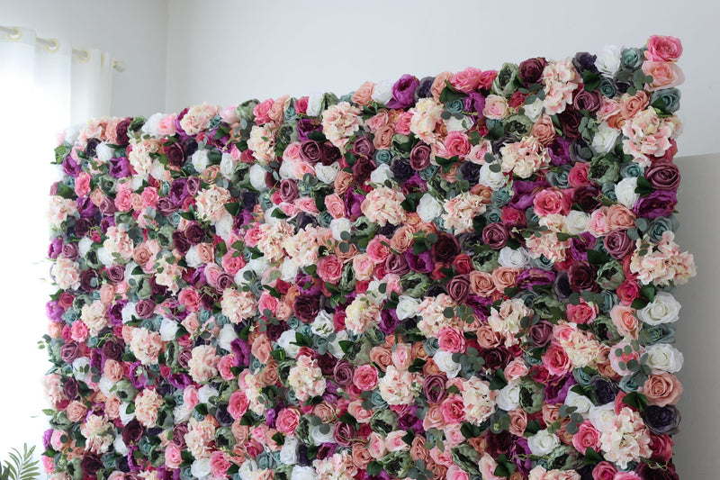 Mixed color roses and pink hydrangeas and green leaves Cloth Roll Up Flower Wall Fabric Hanging Curtain Plant Wall Event Party Wedding Backdrop