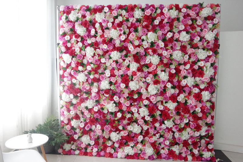 Mixed color roses and white hydrangeas and green leaves Cloth Roll Up Flower Wall Fabric Hanging Curtain Plant Wall Event Party Wedding Backdrop
