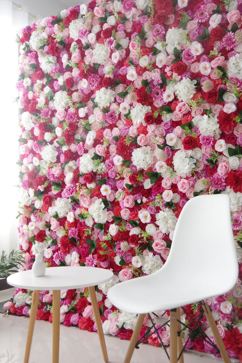 Mixed color roses and white hydrangeas and green leaves Cloth Roll Up Flower Wall Fabric Hanging Curtain Plant Wall Event Party Wedding Backdrop