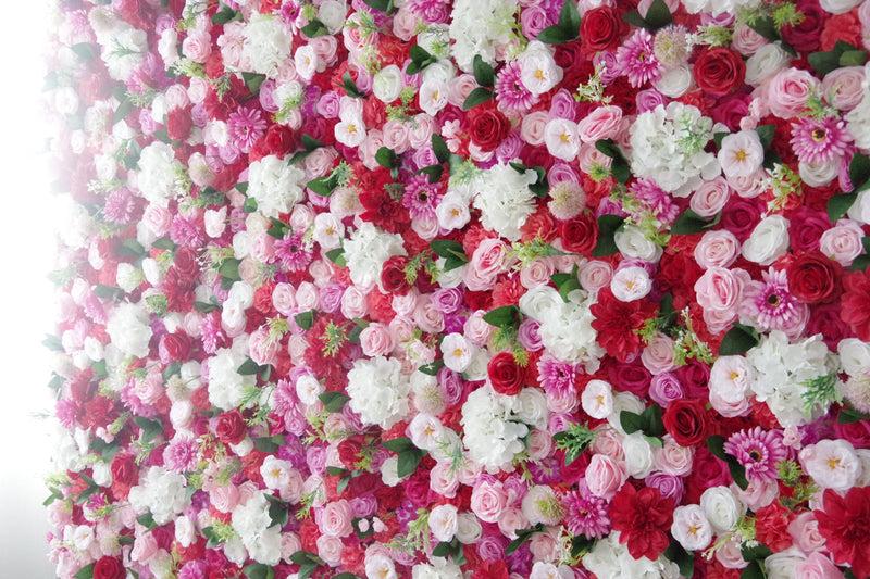 Mixed color roses and white hydrangeas and green leaves Cloth Roll Up Flower Wall Fabric Hanging Curtain Plant Wall Event Party Wedding Backdrop