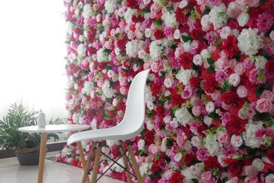 Mixed color roses and white hydrangeas and green leaves Cloth Roll Up Flower Wall Fabric Hanging Curtain Plant Wall Event Party Wedding Backdrop