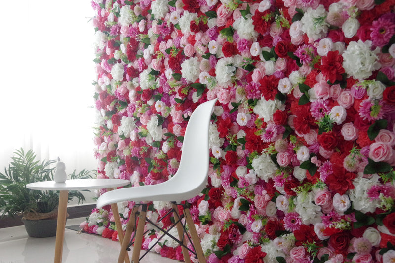 Mixed color roses and white hydrangeas and green leaves Cloth Roll Up Flower Wall Fabric Hanging Curtain Plant Wall Event Party Wedding Backdrop