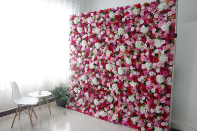 Mixed color roses and white hydrangeas and green leaves Cloth Roll Up Flower Wall Fabric Hanging Curtain Plant Wall Event Party Wedding Backdrop