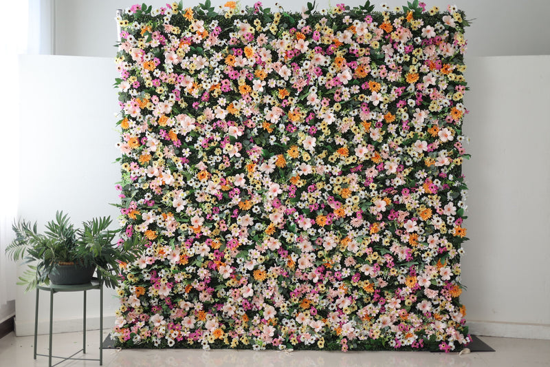 Mixed colors of chrysanthemums and green leaves Cloth Roll Up Flower Wall Fabric Hanging Curtain Plant Wall Event Party Wedding Backdrop