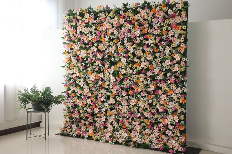 Mixed colors of chrysanthemums and green leaves Cloth Roll Up Flower Wall Fabric Hanging Curtain Plant Wall Event Party Wedding Backdrop