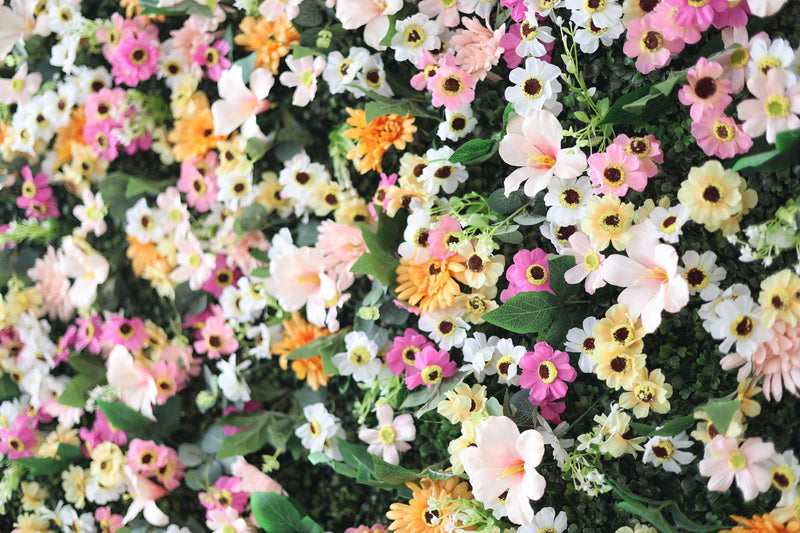 Mixed colors of chrysanthemums and green leaves Cloth Roll Up Flower Wall Fabric Hanging Curtain Plant Wall Event Party Wedding Backdrop