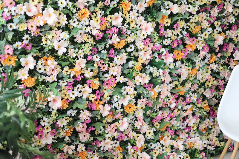 Mixed colors of chrysanthemums and green leaves Cloth Roll Up Flower Wall Fabric Hanging Curtain Plant Wall Event Party Wedding Backdrop