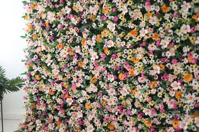 Mixed colors of chrysanthemums and green leaves Cloth Roll Up Flower Wall Fabric Hanging Curtain Plant Wall Event Party Wedding Backdrop