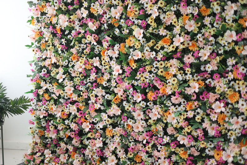 Mixed colors of chrysanthemums and green leaves Cloth Roll Up Flower Wall Fabric Hanging Curtain Plant Wall Event Party Wedding Backdrop