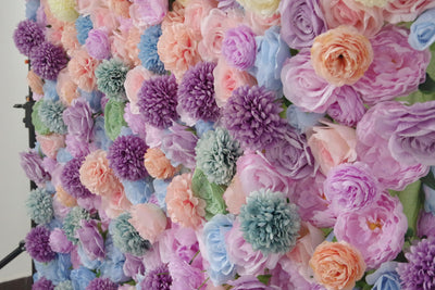 Mixed colors of peonies and roses and lasagna daisies Cloth Roll Up Flower Wall Fabric Hanging Curtain Plant Wall Event Party Wedding Backdrop