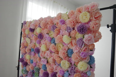 Mixed colors of peonies and roses and lasagna daisies Cloth Roll Up Flower Wall Fabric Hanging Curtain Plant Wall Event Party Wedding Backdrop
