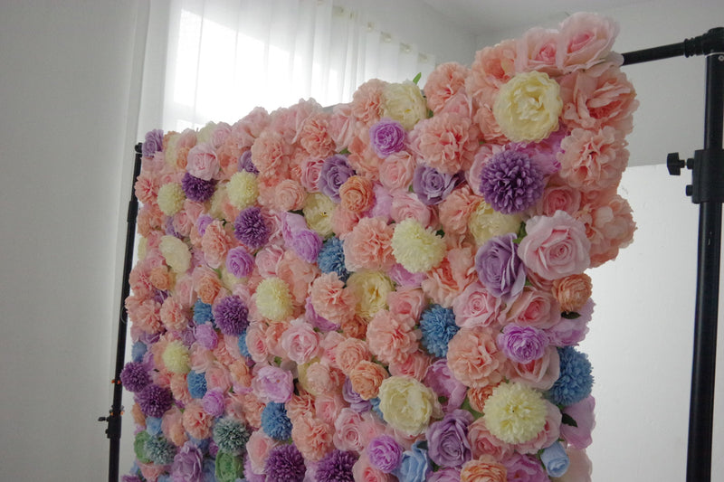 Mixed colors of peonies and roses and lasagna daisies Cloth Roll Up Flower Wall Fabric Hanging Curtain Plant Wall Event Party Wedding Backdrop