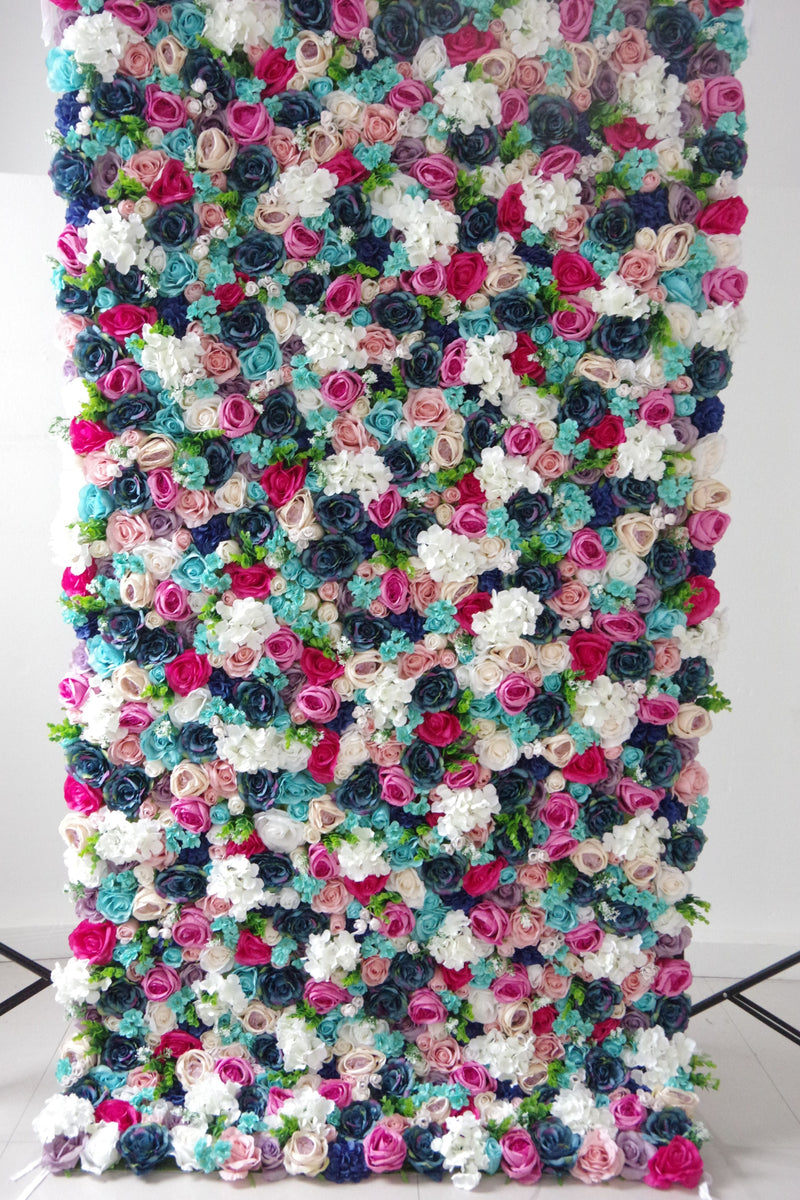 Mixed colors of roses and hydrangeas Cloth Roll Up Flower Wall Fabric Hanging Curtain Plant Wall Event Party Wedding Backdrop