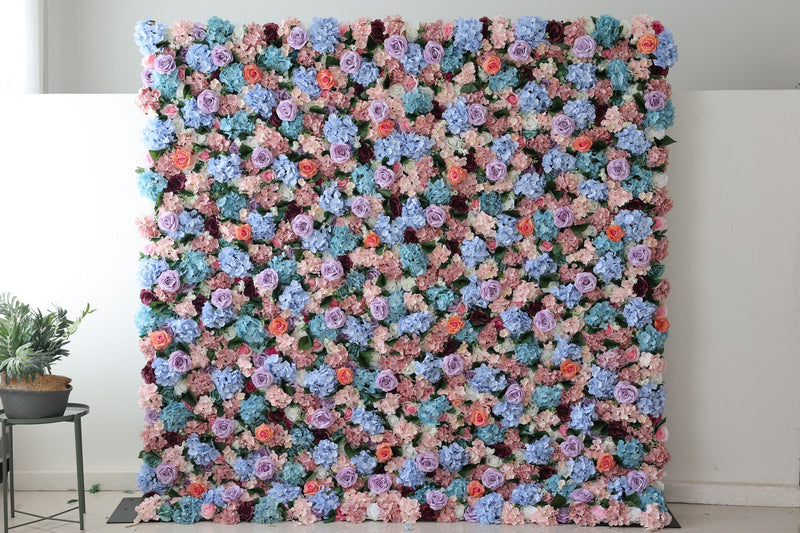 Mixed colors of roses and hydrangeas and green leaves Cloth Roll Up Flower Wall Fabric Hanging Curtain Plant Wall Event Party Wedding Backdrop