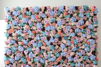 Mixed colors of roses and hydrangeas and green leaves Cloth Roll Up Flower Wall Fabric Hanging Curtain Plant Wall Event Party Wedding Backdrop