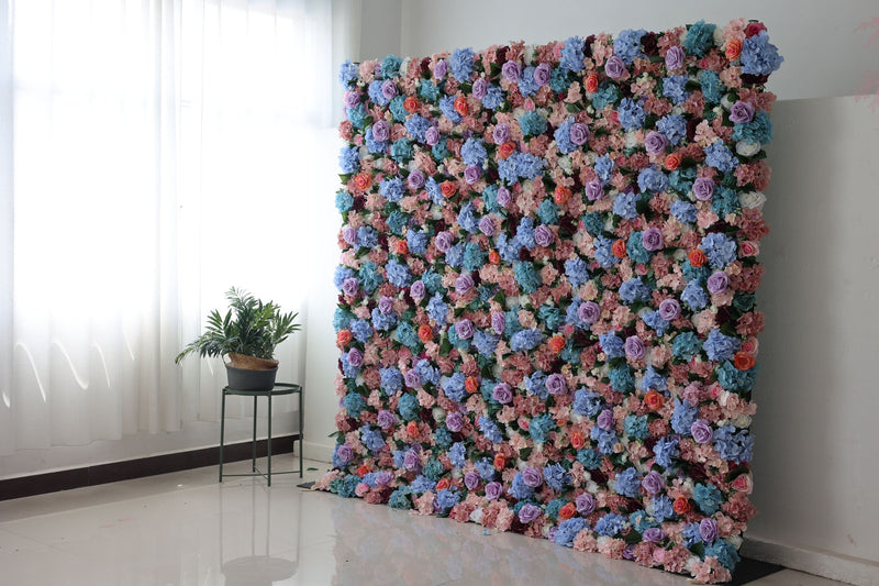 Mixed colors of roses and hydrangeas and green leaves Cloth Roll Up Flower Wall Fabric Hanging Curtain Plant Wall Event Party Wedding Backdrop