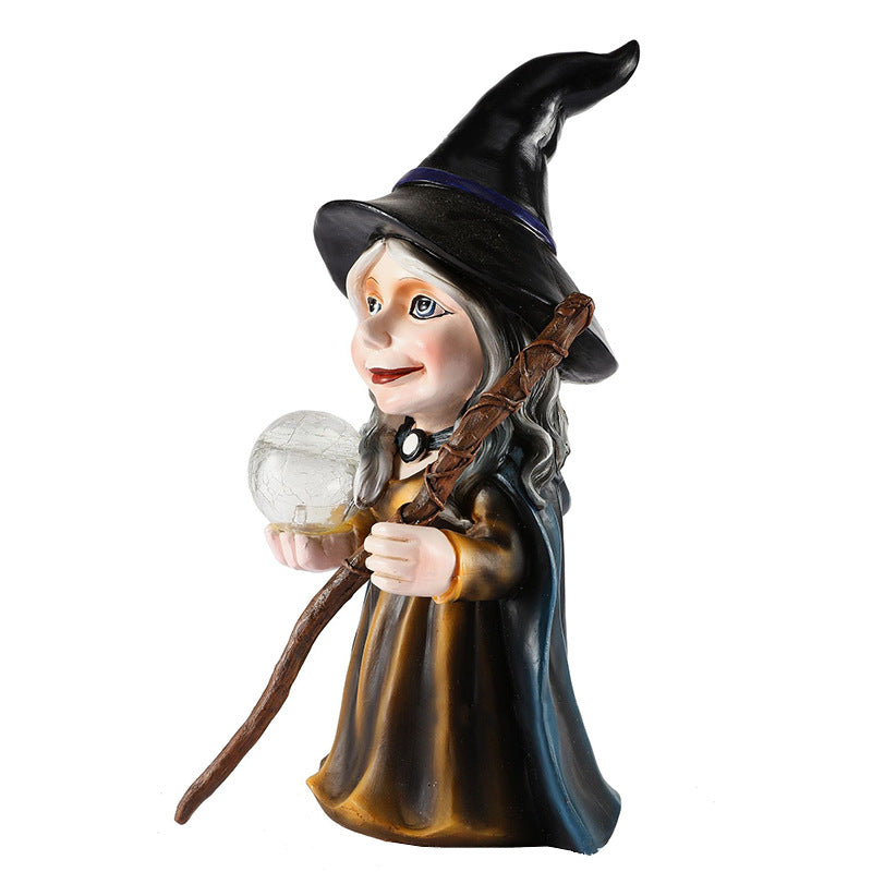 Magic Witch Holding Magic Wand And Solar Crystal Ball Light, Solar Christmas Light, Solar Garden Decoration