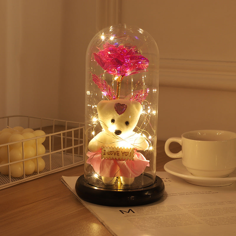 Forever Preserved Rose With Bear In Glass Dome, Flower Night Light