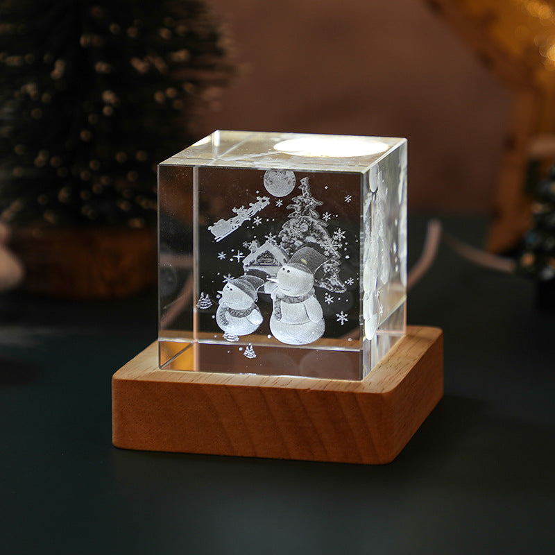 Transparent Crystal Cube, Christmas Snowman Night Light With Astronaut