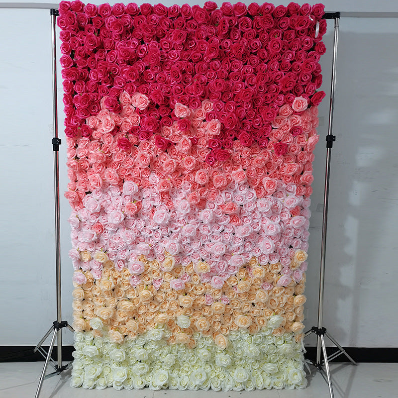 Luxury Gradient Rolling Up Fabric Curtain Artificial Flower Wall Cloth Floral Wall Wedding Backdrop Event Display Photo Props