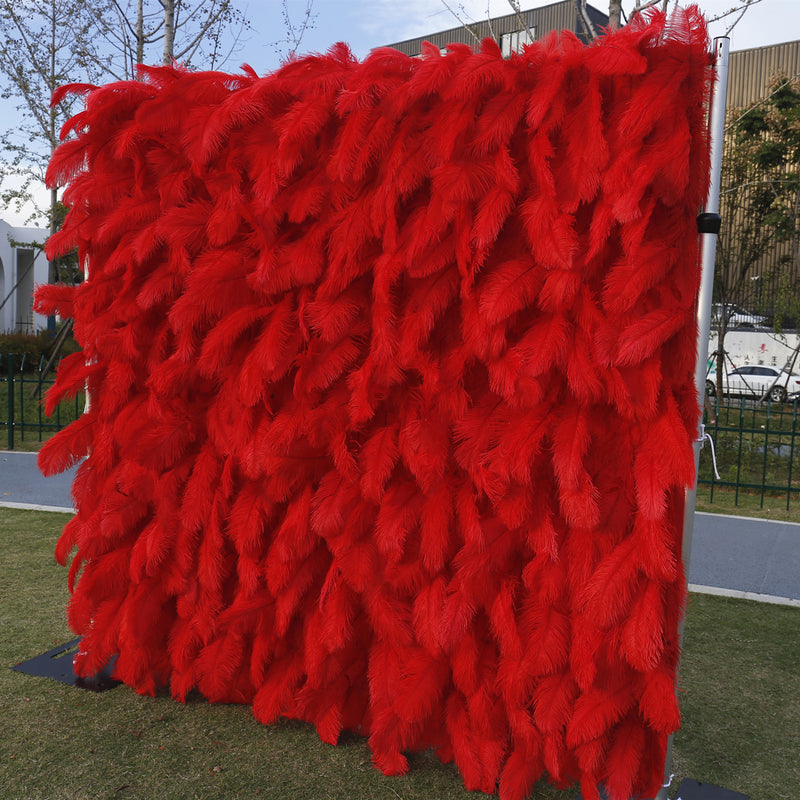 3D Red Feather Fabric Rolling Up Curtain Flower Wall Cloth Artificial Plant Wall Wedding Backdrop