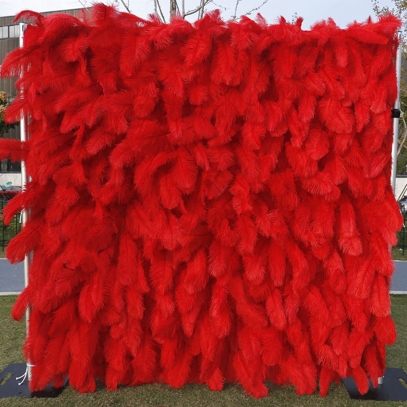 3D Red Feather Fabric Rolling Up Curtain Flower Wall Cloth Artificial Plant Wall Wedding Backdrop