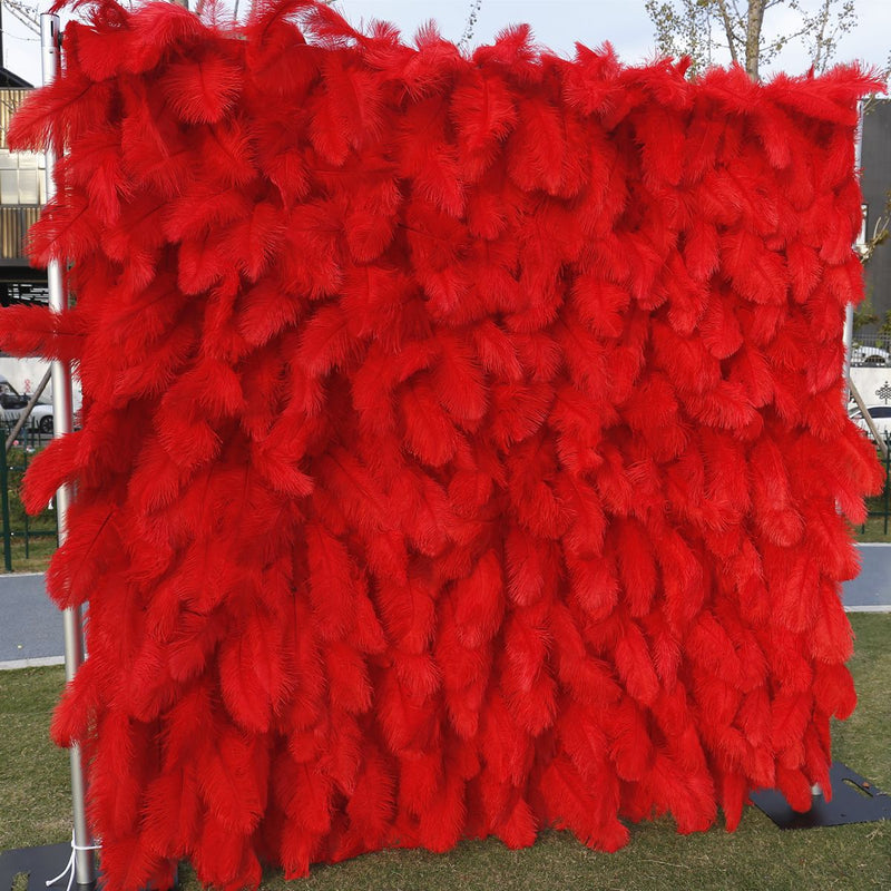 3D Red Feather Fabric Rolling Up Curtain Flower Wall Cloth Artificial Plant Wall Wedding Backdrop