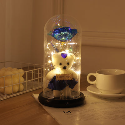 Forever Preserved Rose With Bear In Glass Dome, Flower Night Light