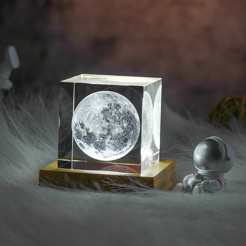 Transparent Crystal Cube, Moon Night Light With Astronaut