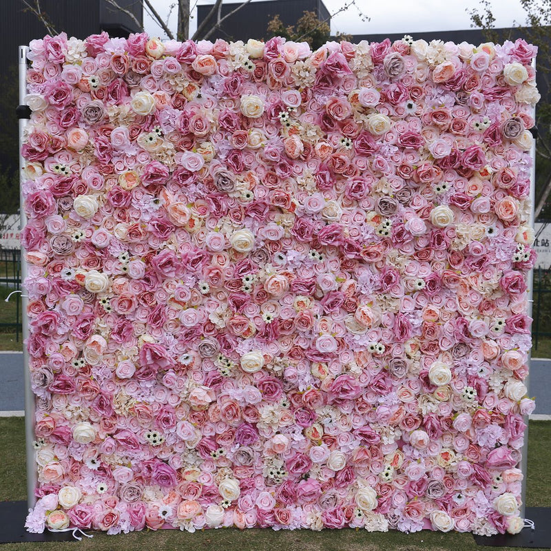 Light Purple And Pink Roses Hydrangea Chrysanthemum Cloth Flower Wall Rolling Up Fabric Peony Artificial Floral Wall Outdoor Wedding Backdrop Decor Birthday Party Props