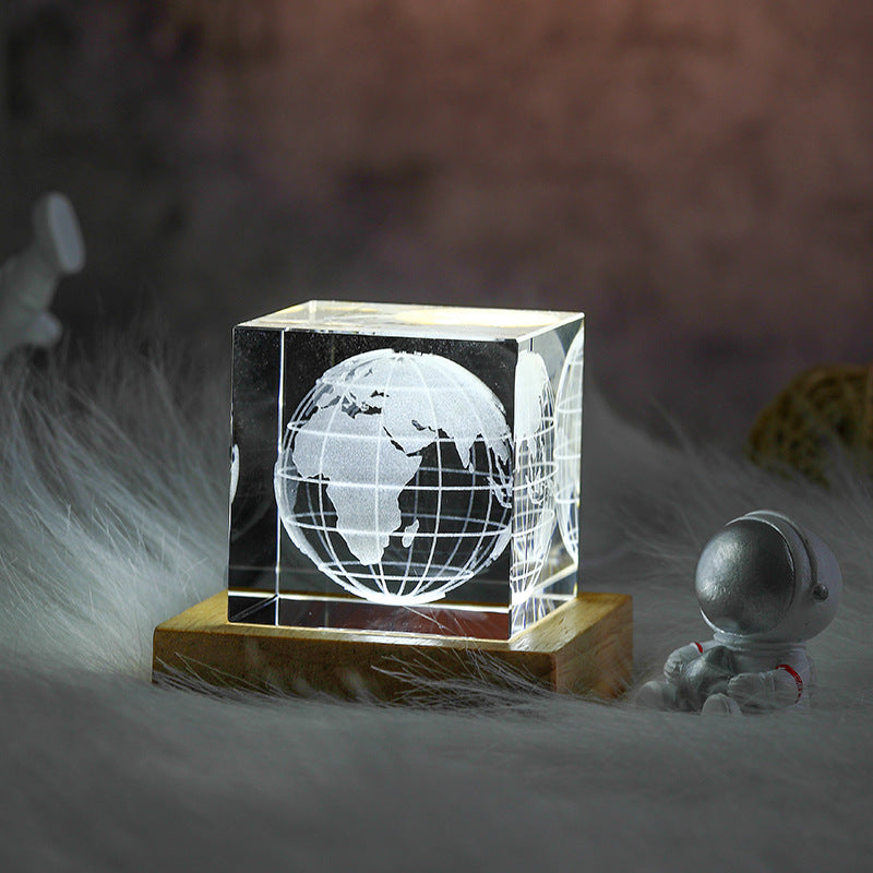 Transparent Crystal Cube, Earth Night Light With Astronaut