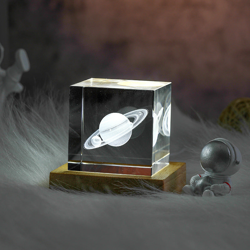 Transparent Crystal Cube, Saturn Night Light With Astronaut