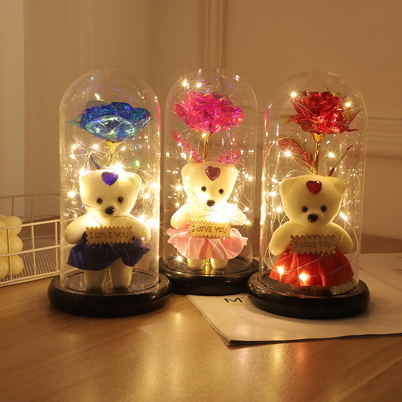 Forever Preserved Rose With Bear In Glass Dome, Flower Night Light