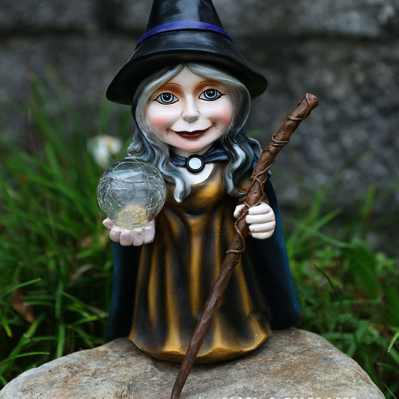 Magic Witch Holding Magic Wand And Solar Crystal Ball Light, Solar Christmas Light, Solar Garden Decoration