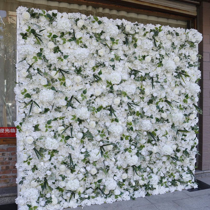 White Roses Hydrangeas Lilies Cloth Flower Wall Rolling Up Fabric Peony Artificial Floral Wall Outdoor Wedding Backdrop Decor Birthday Party Props