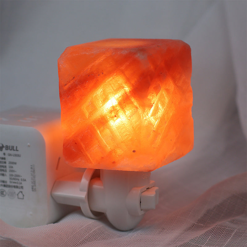 Plug In Salt Night Light, Mini Hand Carved Himalayan Square Salt Light