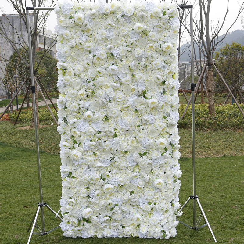White Rose Hydrangea Green Leaves Cloth Roll Up Flower Wall Fabric Hanging Curtain Plant Wall Event Party Wedding Backdrop